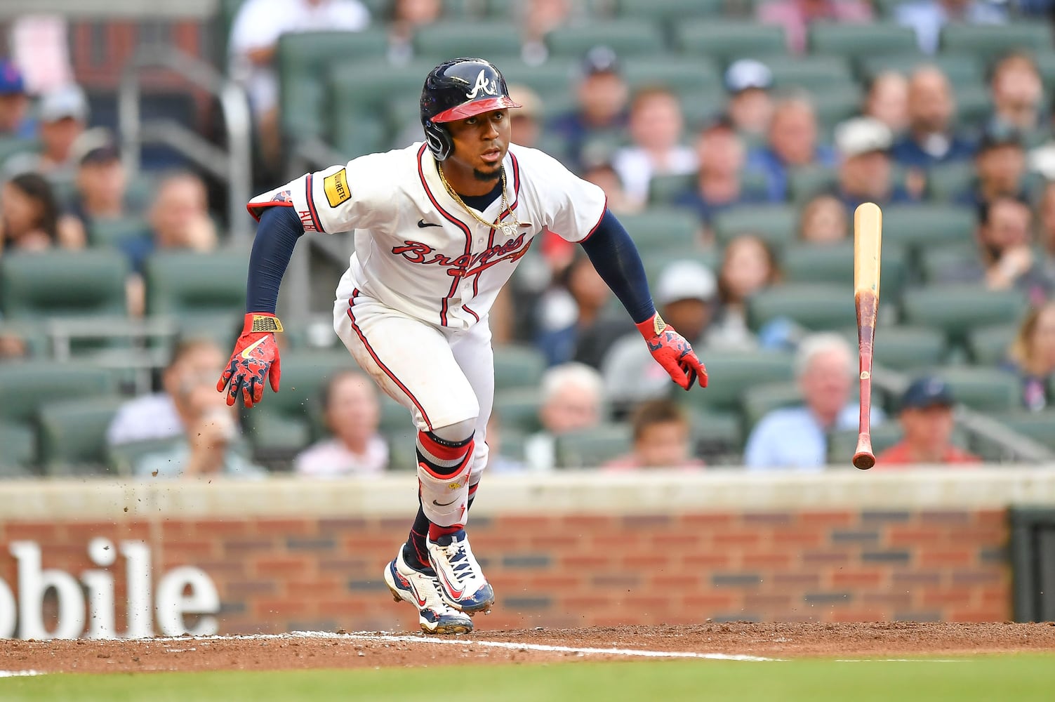 Atlanta Braves second base Ozzie Albies (1) triples to third base against the New York Mets during a MLB game Wednesday, June 18, 2025 at Truist Park. (Daniel Varnado/For the Atlanta Journal-Constitution)