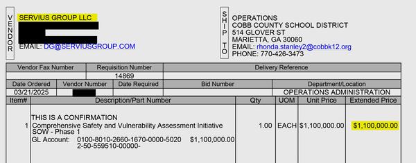 As of the end of April, the Cobb School District has paid the Servius Group nearly $2.6 million, including this $1.1 million payment in March toward a vulnerability assessment initiative. (Redactions made by the Cobb School District.)