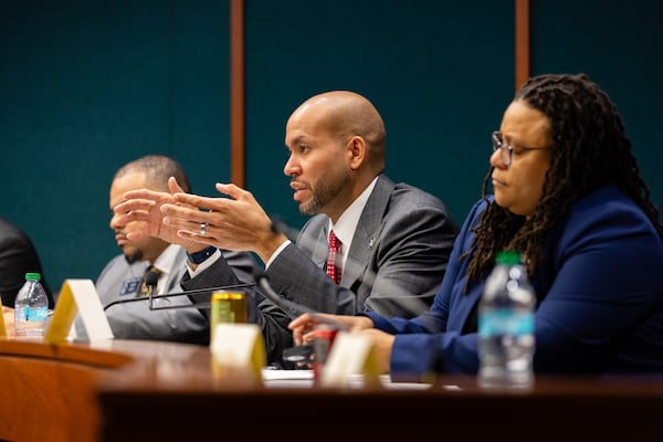 State Sen. Jason Esteves, D-Atlanta, asks a question during a Senate Ethics Committee meeting regarding a paper ballots bill at the Paul D. Coverdell Legislative Office Building in Atlanta on Tuesday, March 25, 2025. (Arvin Temkar / AJC)