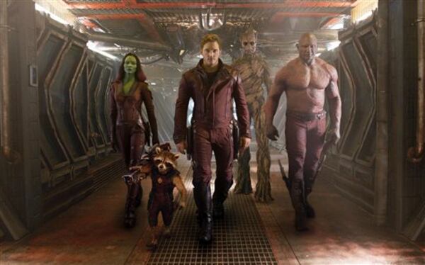 Zoe Saldana (from left), the character Rocket Racoon (voiced by Bradley Cooper), Chris Pratt, the character Groot (voiced by Vin Diesel) and Dave Bautista bring the "Guardians of the Galaxy" films to life. (Disney-Marvel/AP)