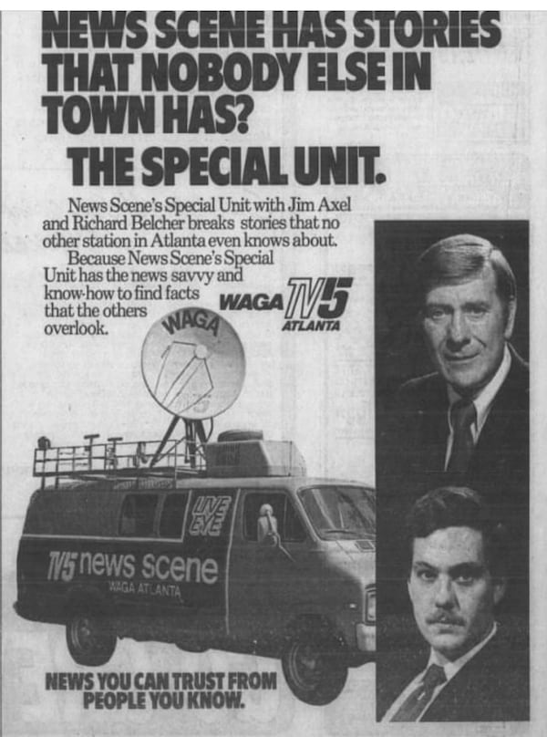 The I-Team began in 1977 as “The Special Unit” with reporters Richard Belcher (bottom) and Jim Axel. Belcher spent many years at WAGA-TV before jumping to Channel 2 Action News in 1990, where he worked until he retired in 2022. (Courtesy of WAGA 1978)
