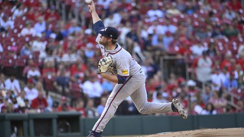 Atlanta Braves starting pitcher Bryce Elder throws to a St. Louis Cardinals batter during the first inning of the second game of a baseball doubleheader Wednesday, June 26, 2024, in St. Louis. The Braves fell 4-2. (AP Photo/Joe Puetz)