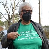 Former City of South Fulton Councilwoman Naeema Gilyard wearing a t-shirt discusses about an illegal landfill and raising concerns about air pollution levels, Friday, Feb. 10, 2023, in Fairburn. For years, former City of South Fulton Councilwoman Naeema Gilyard and other neighbors have been concerned about breathing smoke from the landfill, not to mention emissions from the steady stream of diesel big rigs that coming and going from warehouses that line South Fulton Parkway. Even with modern engines and cleaner fuel, exhaust from diesel trucks is known to contain a dangerous cocktail of air pollutants. (Hyosub Shin / Hyosub.Shin@ajc.com)