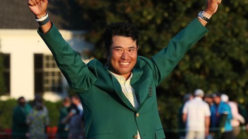 041121 Augusta: Hideki Matsuyama sports the green jacket in victory after winning the Masters by one stroke on Sunday, April 11, 2021, at August National Golf Club in Augusta.   “Curtis Compton / Curtis.Compton@ajc.com”