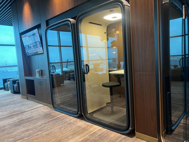 There are soundproof booths to handle calls inside the Delta One Lounge, which opened Wednesday, June 26, 2024, at New York's John F. Kennedy International Airport.